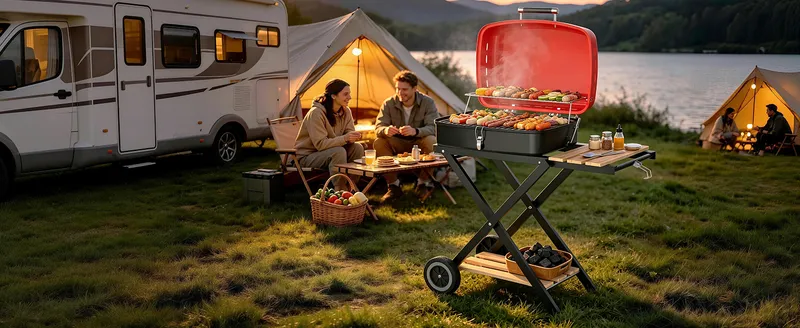 A couple at a lakeside campsite with the red TEENO charcoal grill on its folding stand