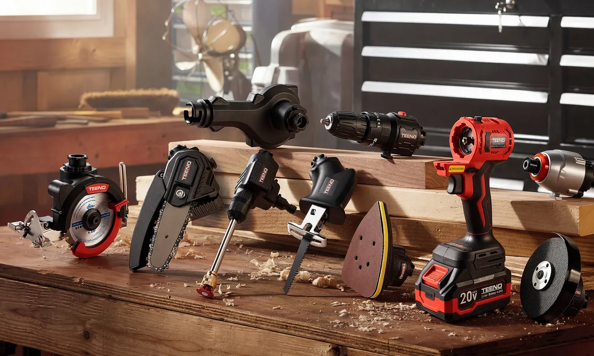 TEENO 9-in-1 combo kit heads and batteries laid out on a wooden workbench