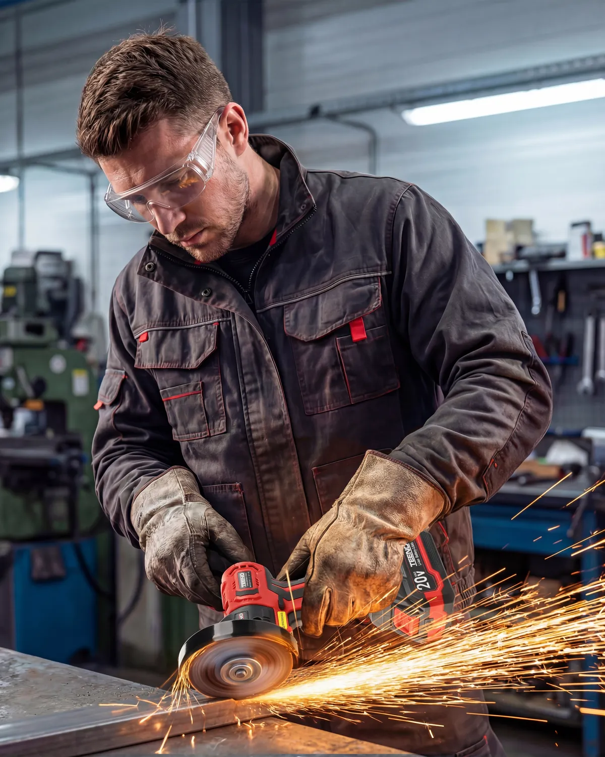 A man in safety glasses grinding steel with a red TEENO angle grinder, sparks flying