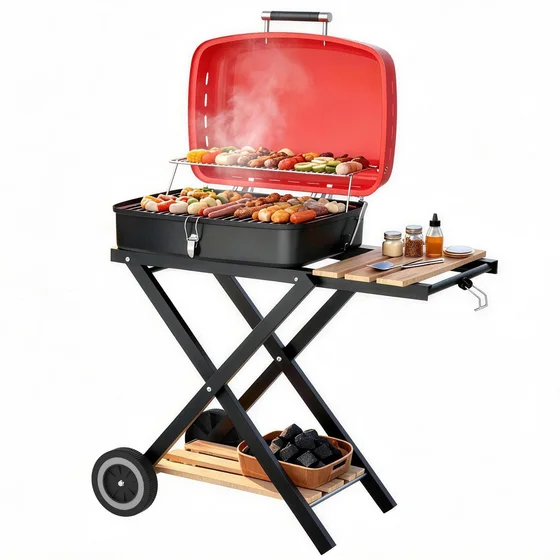 Portable Folding Charcoal Grill with Side Table
