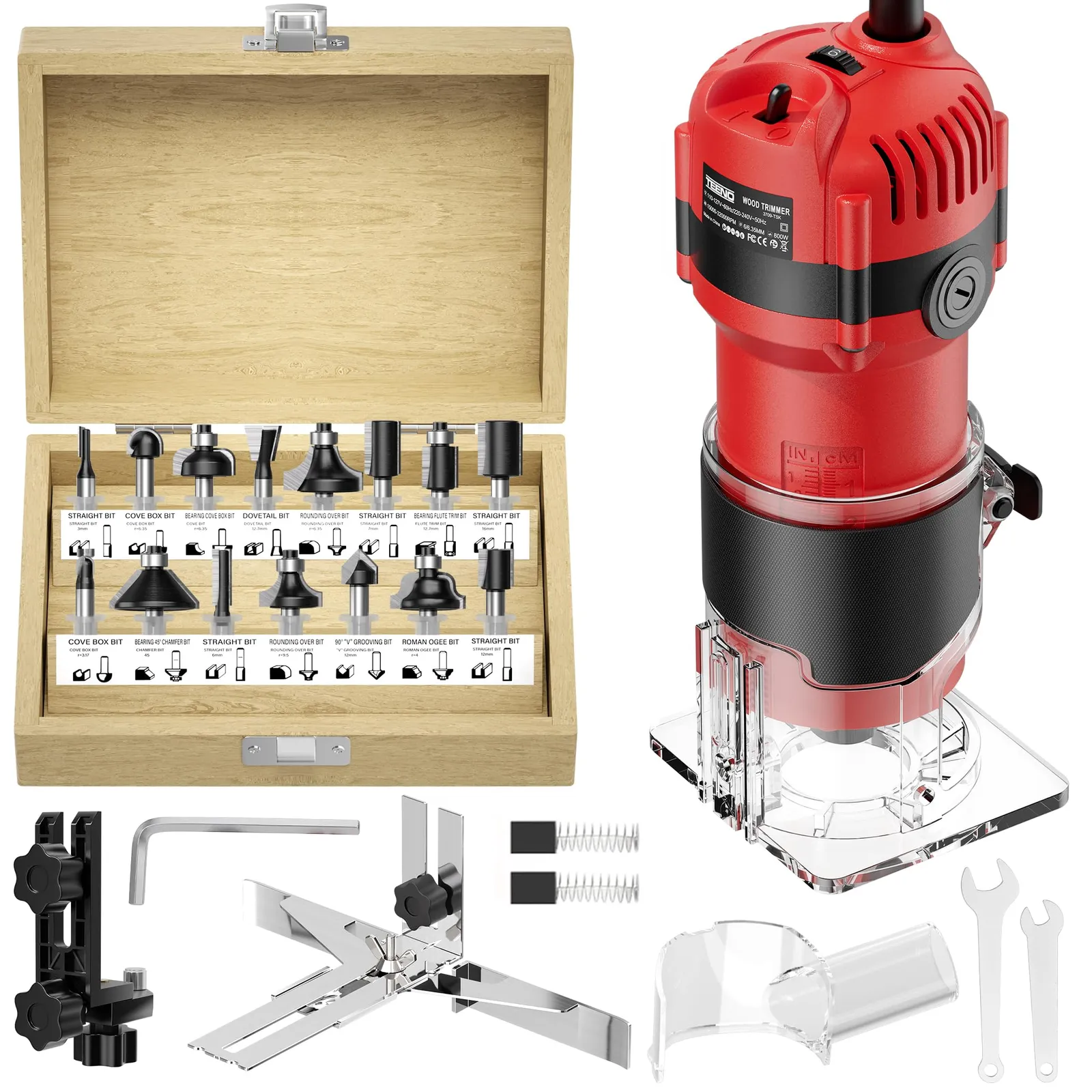 TEENO 1.25 HP Palm Router, Brown, bits in wood box, product photo