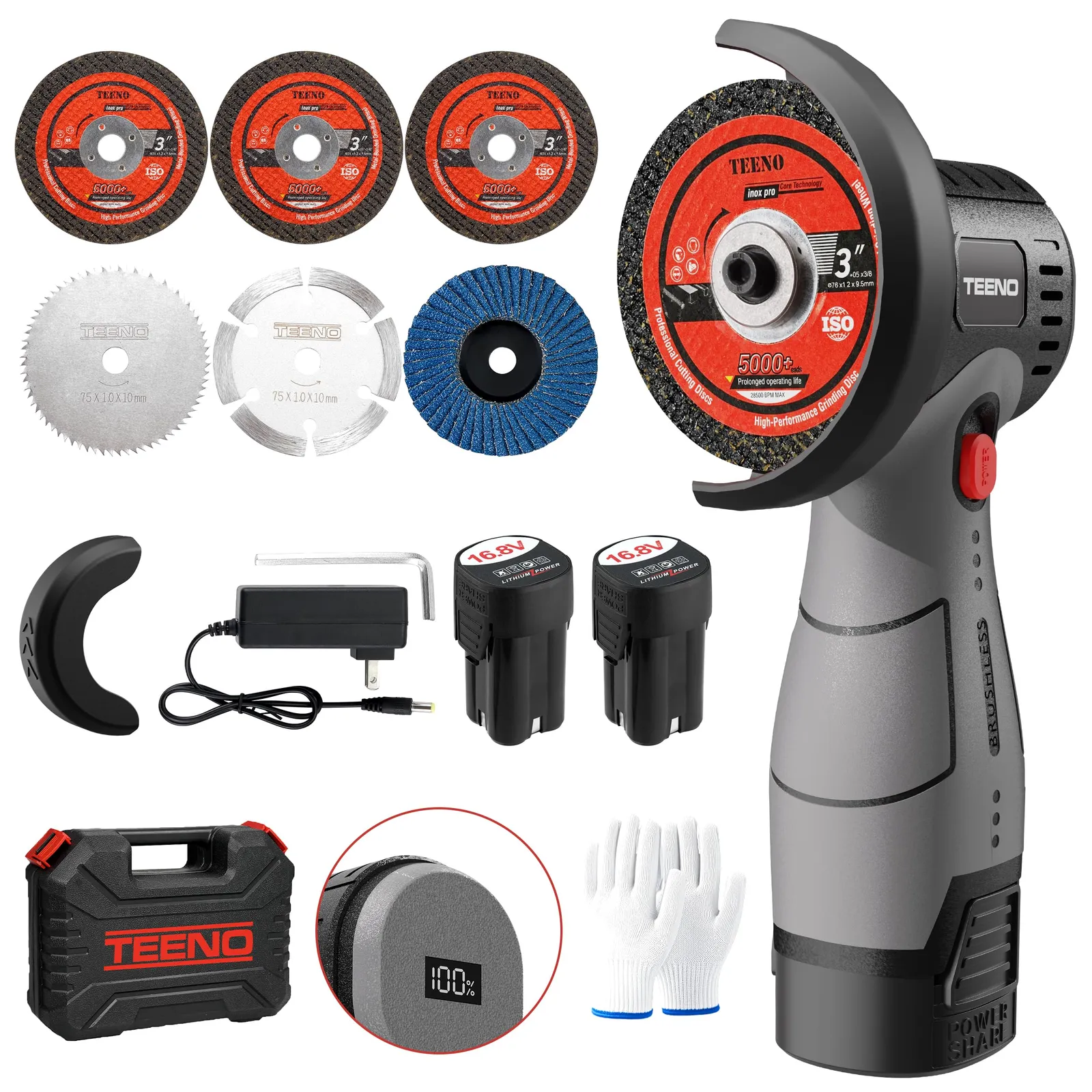 TEENO 3″ Mini Angle Grinder, Light Gray, 16.8 V brushless, product photo